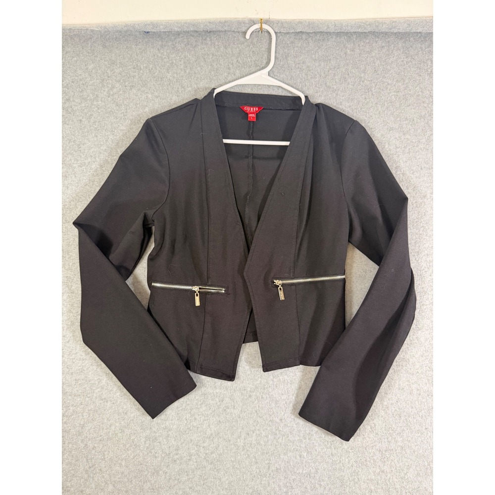 Guess Blazer Womens Large Black Open Front Cropped Zipper Detail Stretch Jacket